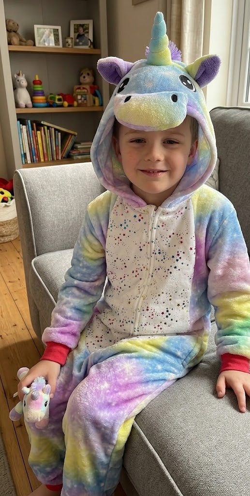 PIJAMA KIGURUMI UNICORNIO CON ESTRELLITAS BLANCAS INFANTIL