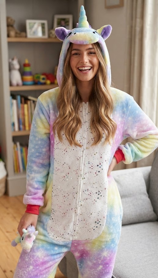 PIJAMA KIGURUMI UNICORNIO CON ESTRELLITAS BLANCAS ADULTO