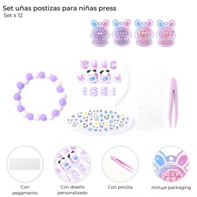 SET UÑAS POSTIZAS INFANTIL PRESS ON CON STICKERS Y PULSERA SKORA 