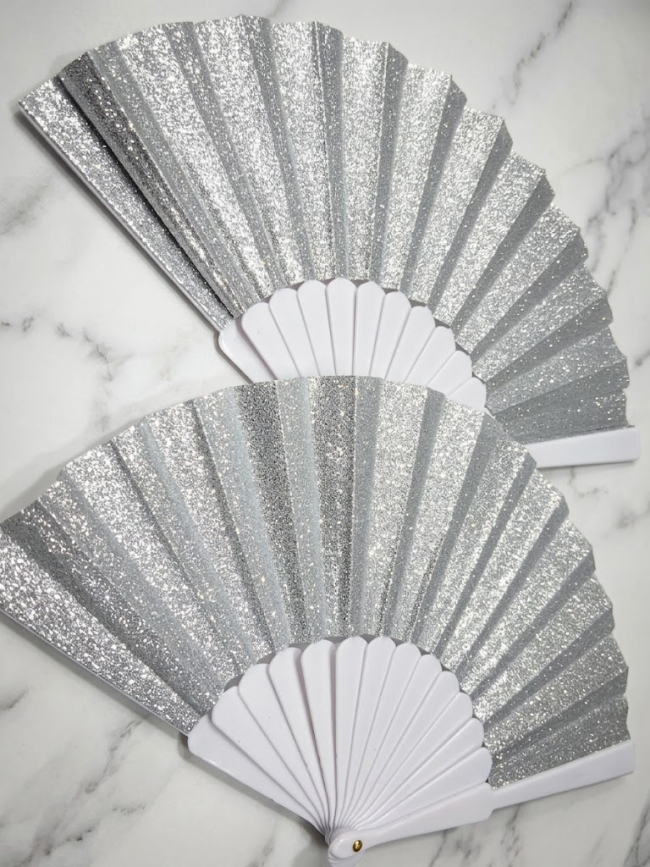 ABANICO BLANCO GLITTER PLATA X 12