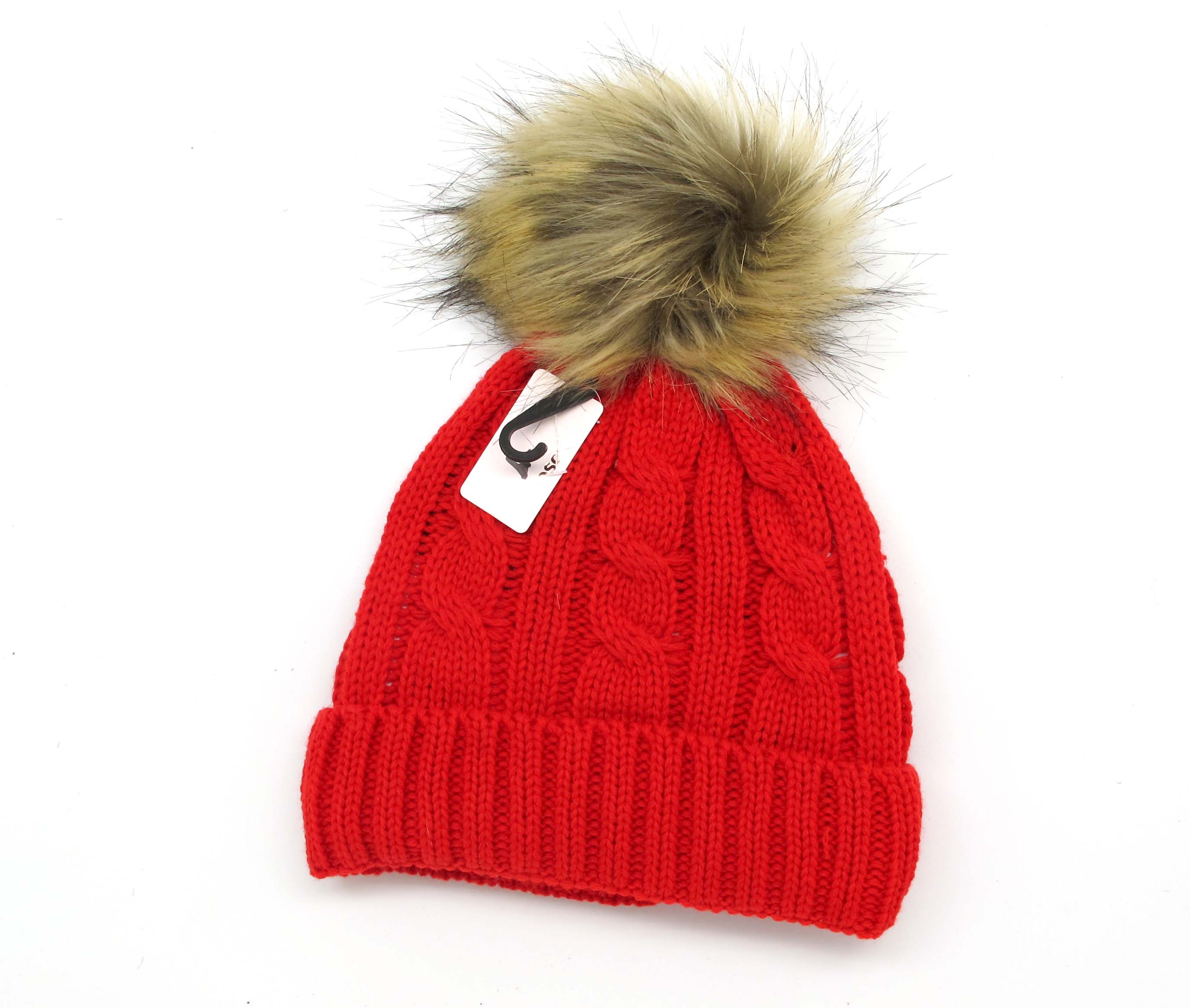 GORRO ROJO CON POMPON DE PIEL MARRON+