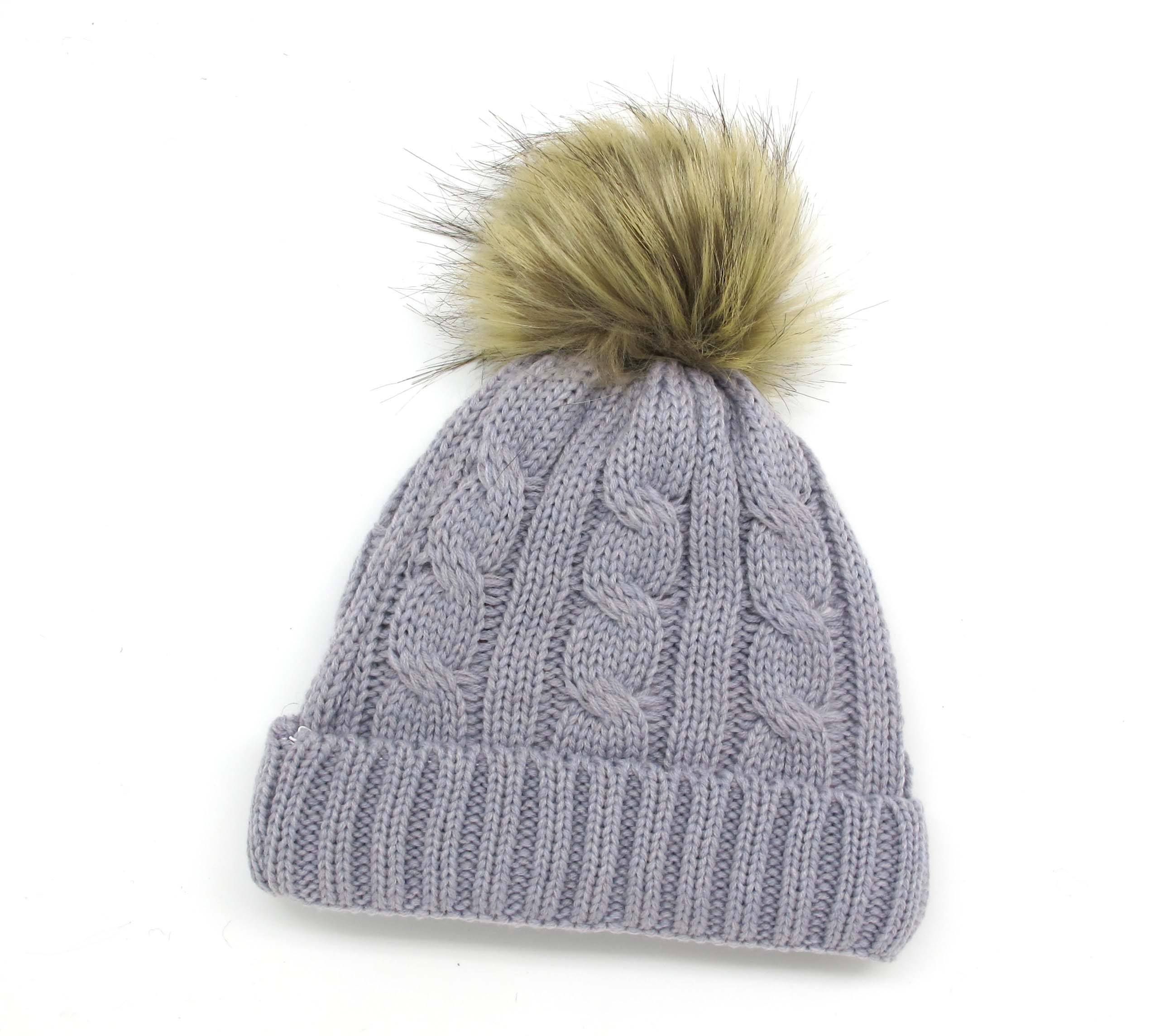 GORRO GRIS CON POMPON DE PIEL MARRON+